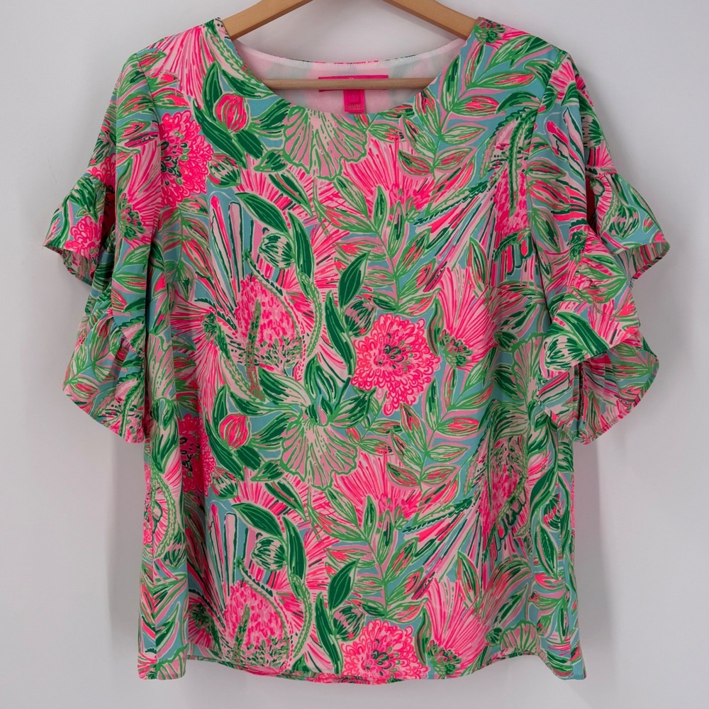 Lilly Pulitzer Pink Green Floral Flutter Sleeve Blouse Top Small RN88189
